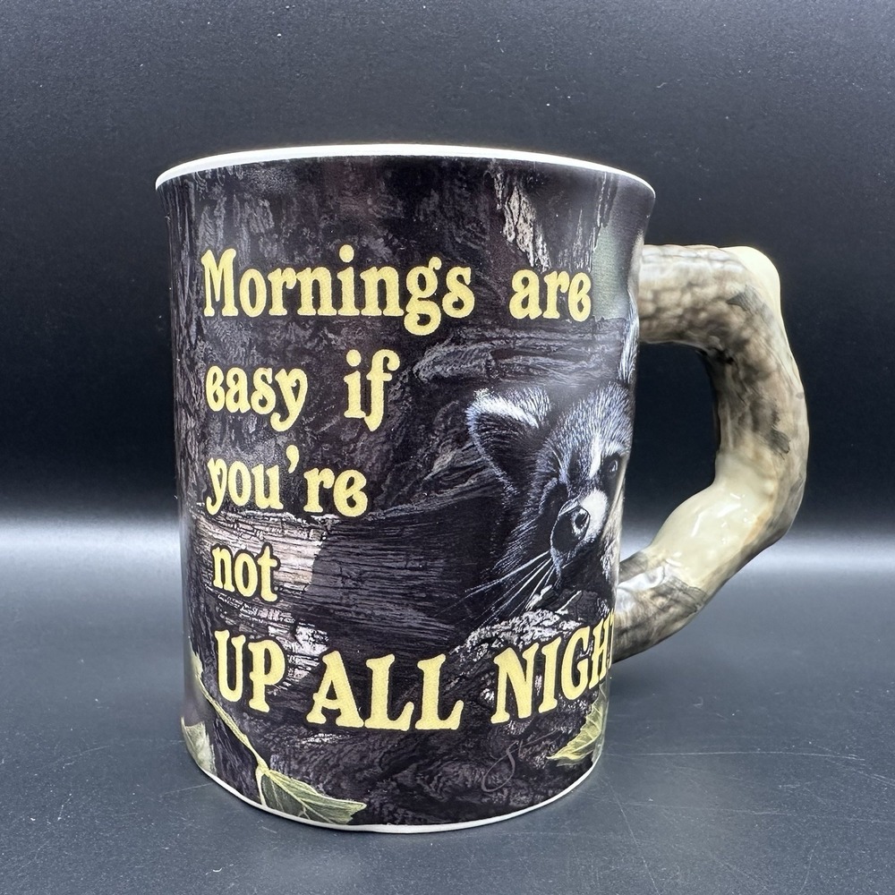 Hiding Place Racoon Mornings are Easy 14oz 4.25" Coffee Mug Wild Wings 2014